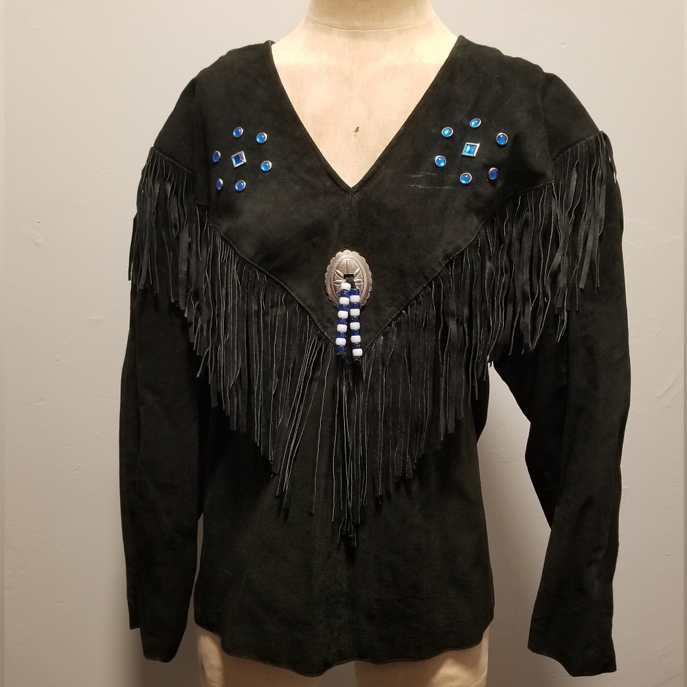 VINTAGE LEATHER JACKET PULLOVER WINDBREAKER SUEDE UNISEX FESTIVAL FRINGE HIPPIE - Picture 5 of 7